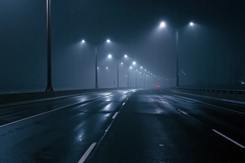 Empty multi-lane highway at night under fog with streetlights illuminating wet pavement