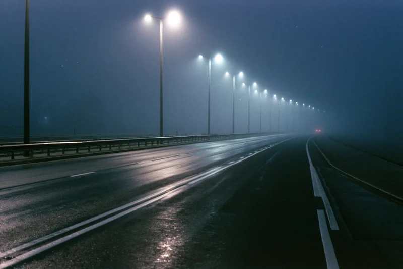 Empty multi-lane highway at night shrouded in dense fog with streetlights reflecting on wet asphalt