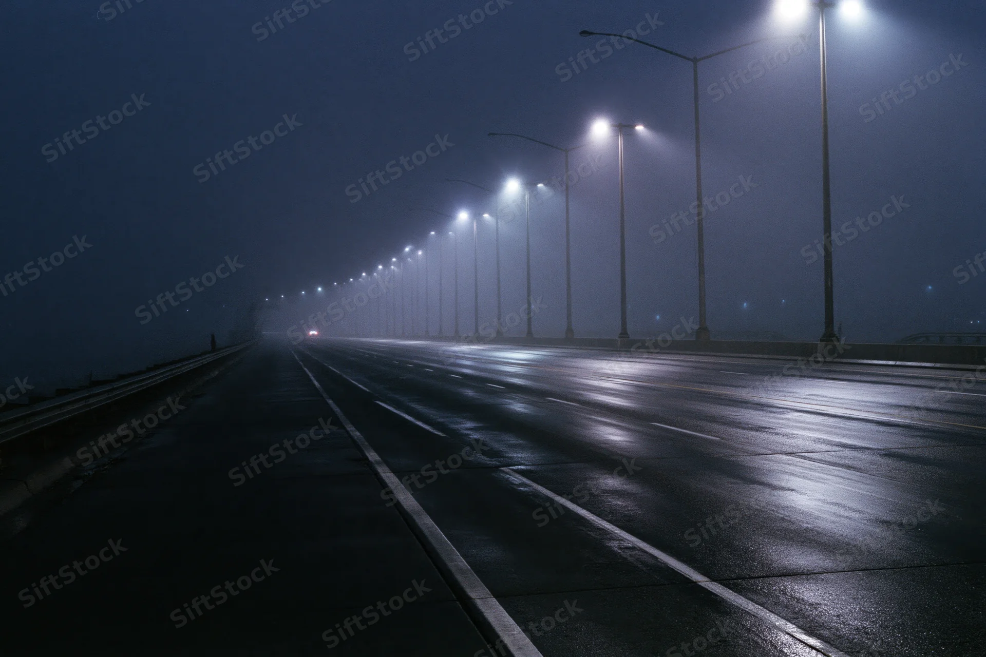 Empty multi-lane highway at night shrouded in dense fog with wet pavement and streetlights glowing through mist
