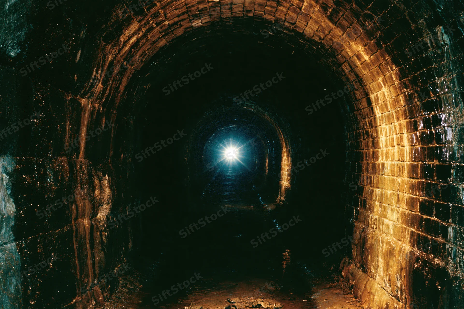 View down an old brick tunnel toward a bright light at the end