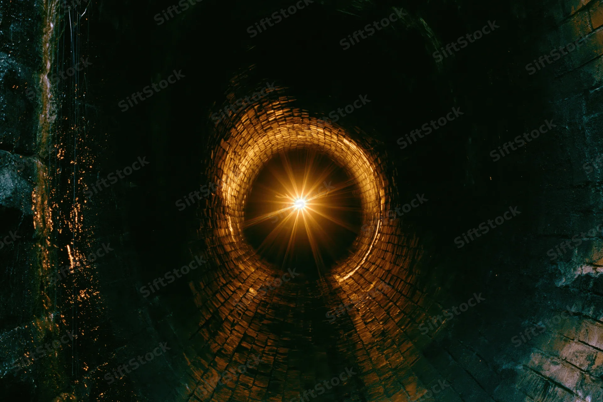 View down an old brick tunnel toward a bright light at the end