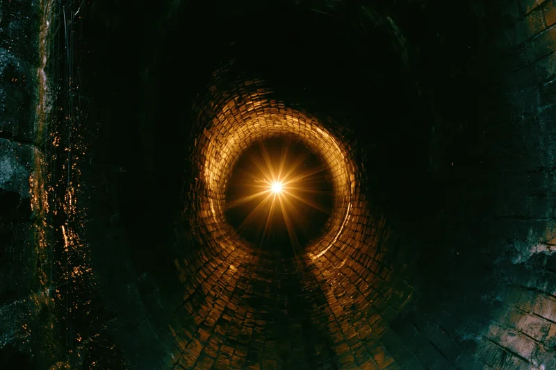 View down an old brick tunnel toward a bright light at the end