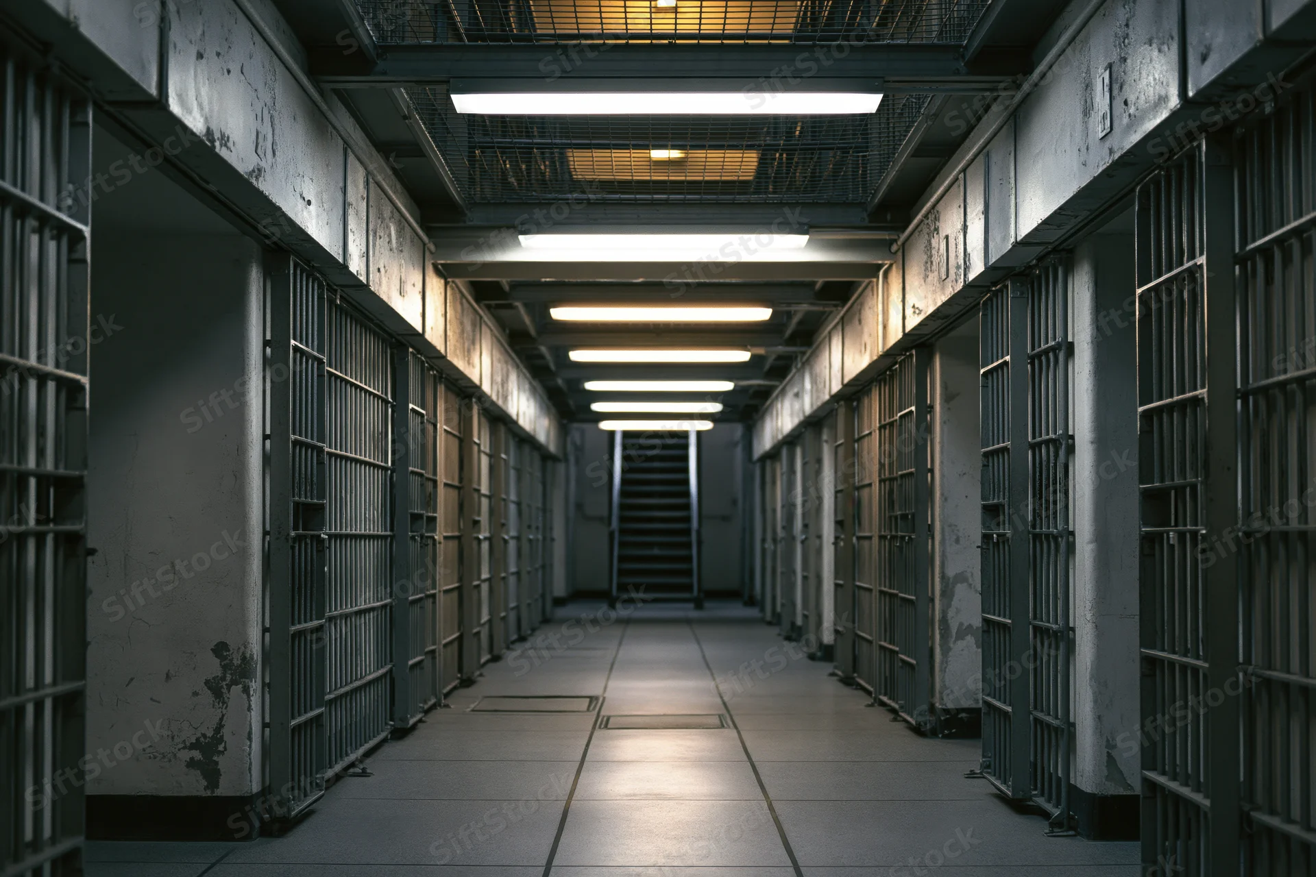 Empty prison corridor lined with barred cells leading to a distant staircase