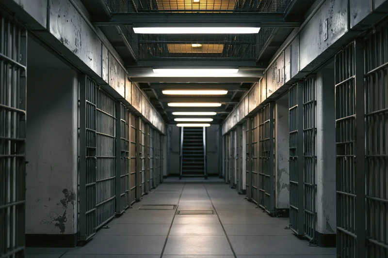 Empty prison corridor lined with barred cells leading to a distant staircase