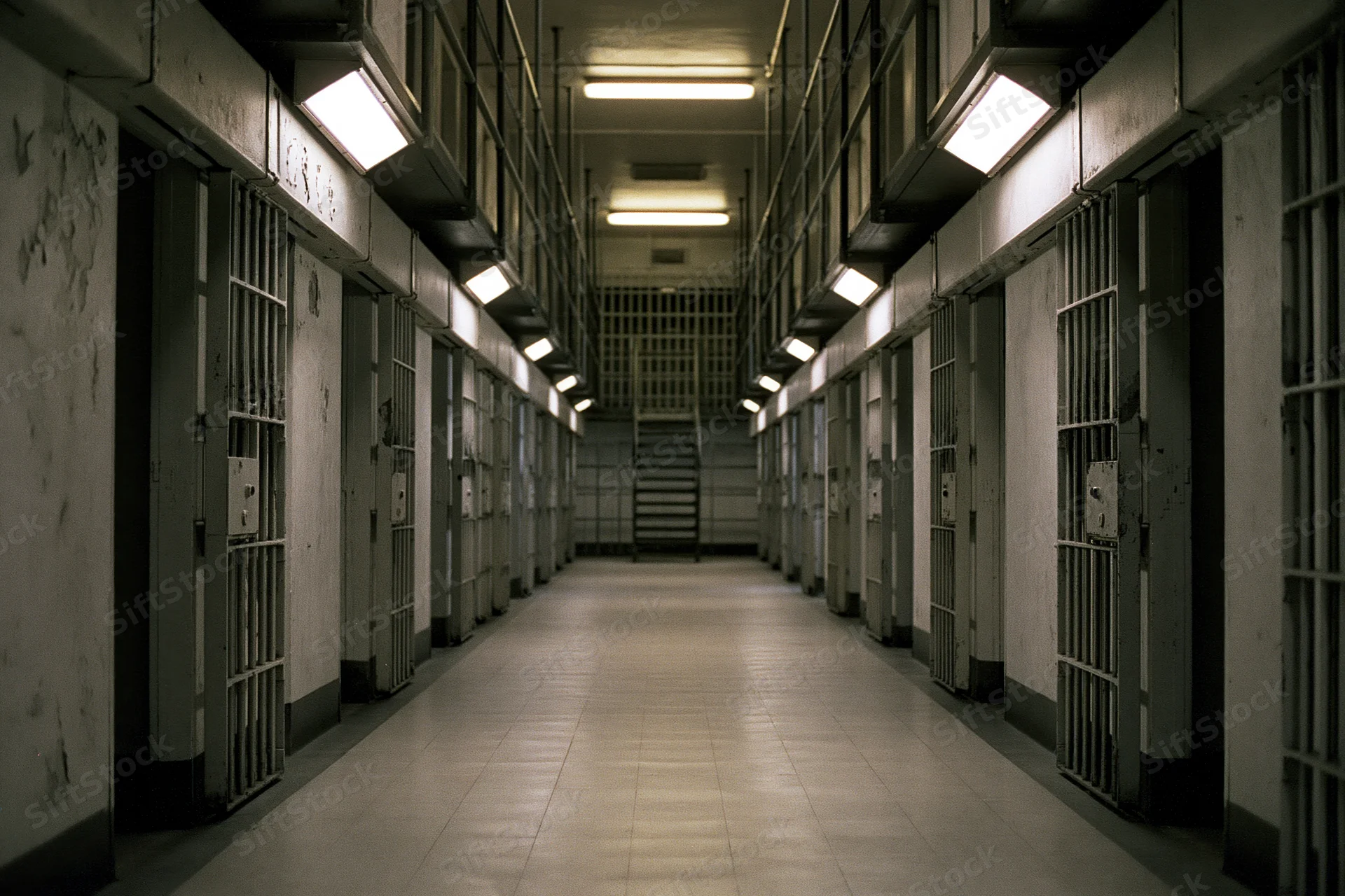 Long empty prison corridor lined with barred cells leading to a distant staircase