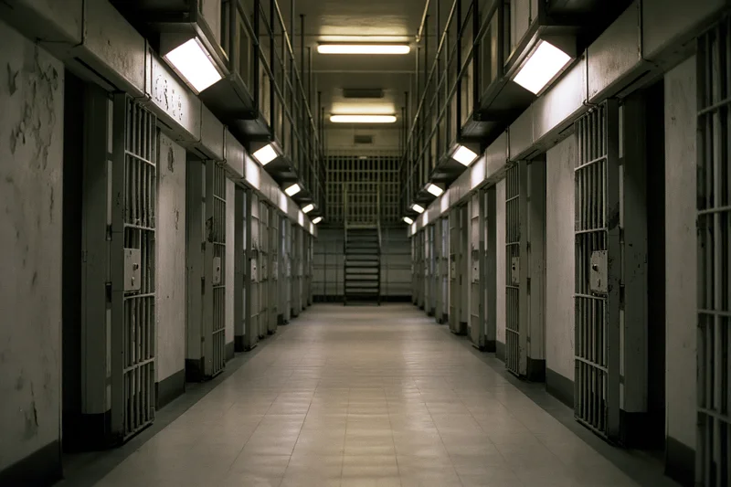 Long empty prison corridor lined with barred cells leading to a distant staircase