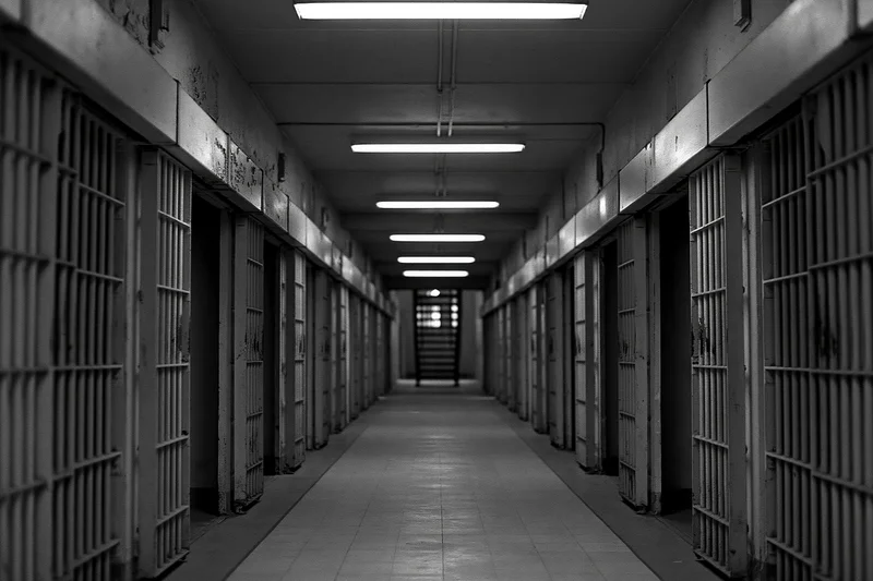 Long empty prison corridor with barred cells lining both sides leading to distant staircase