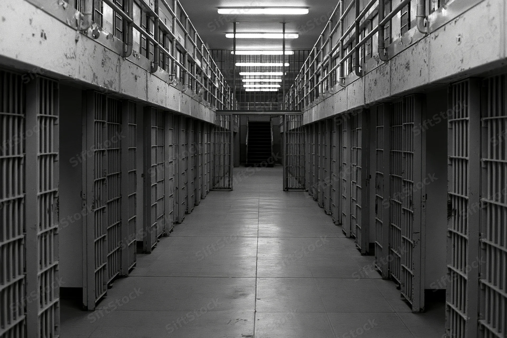 Empty prison corridor lined with barred cells leading to a distant staircase