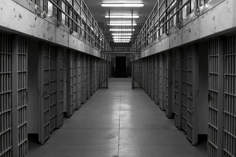 Empty prison corridor lined with barred cells leading to a distant staircase