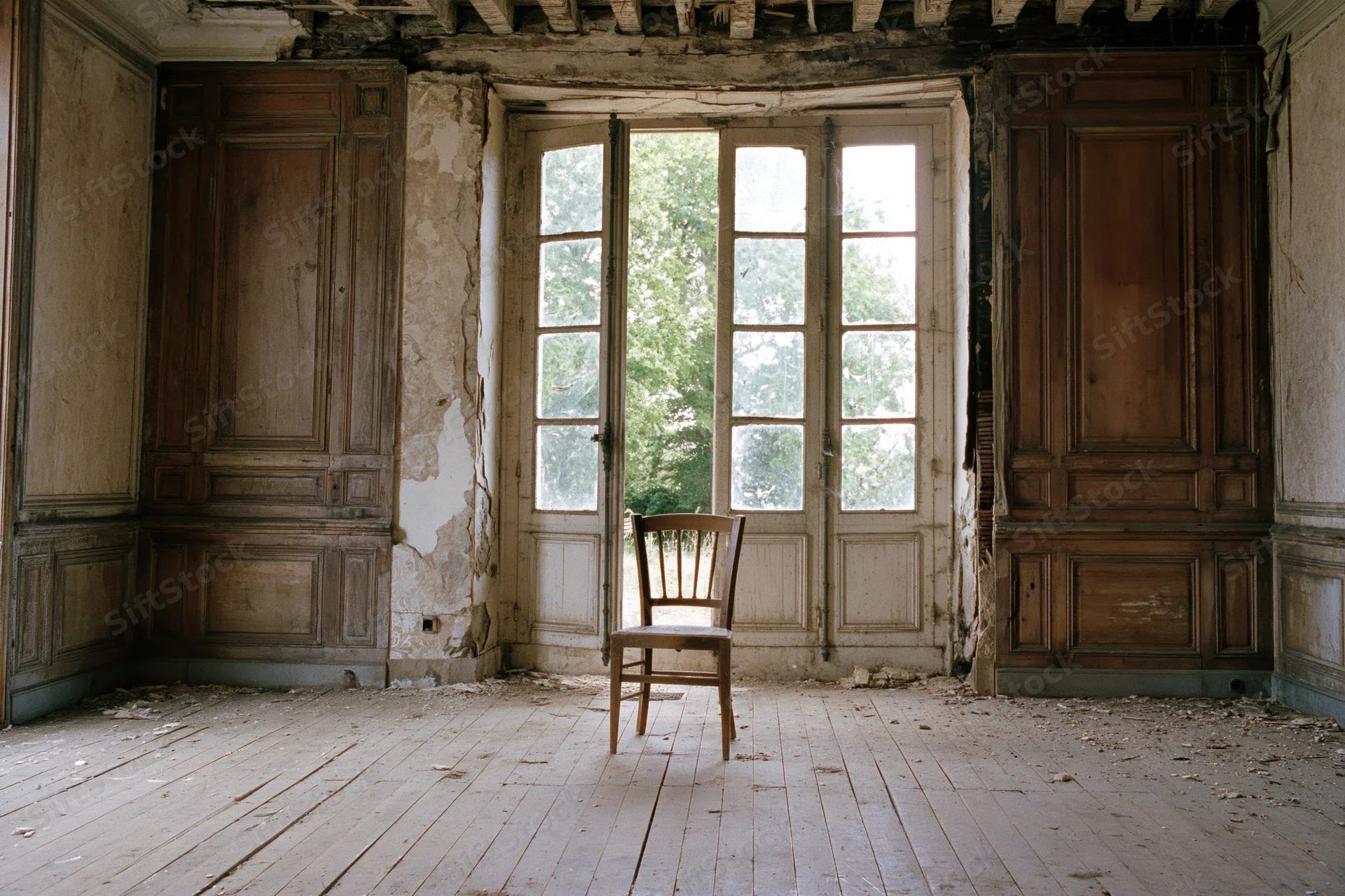 Single wooden chair in center of abandoned room with peeling walls and large window facing trees