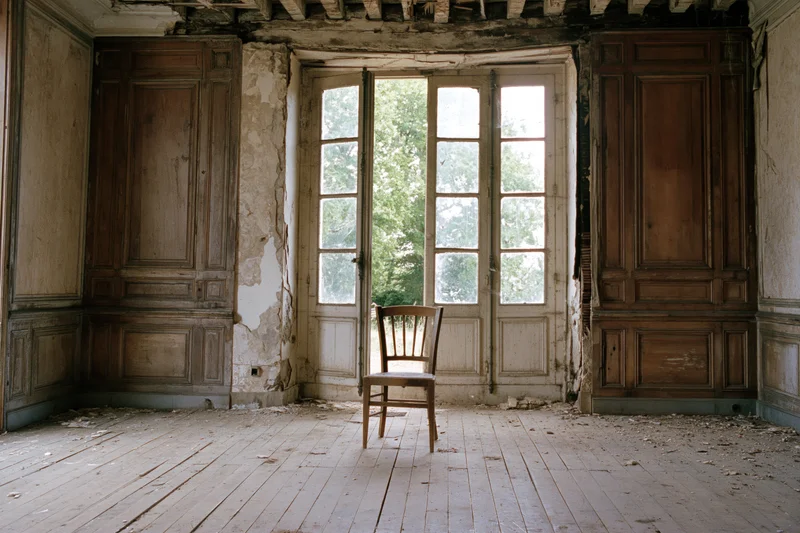 Single wooden chair in center of abandoned room with peeling walls and large window facing trees