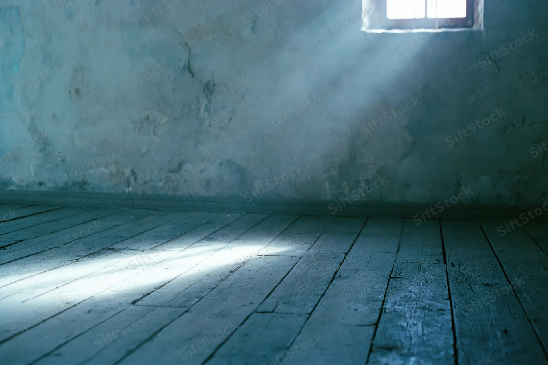 Empty room with weathered wooden floorboards and a barred window letting in a beam of light