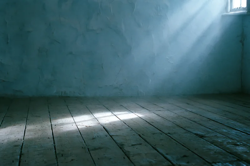 Empty room with weathered wooden floorboards and rough textured walls, sunlight streaming through window