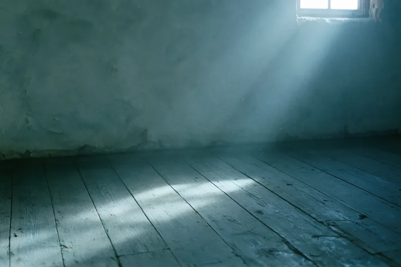 Empty room with weathered wooden floorboards and rough concrete walls, light streaming through a small window