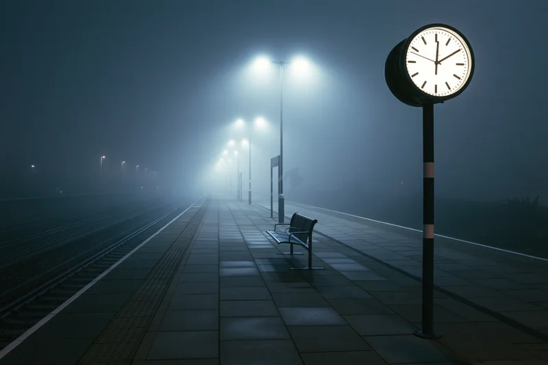 Empty train platform at night with fog and illuminated clock under lampposts