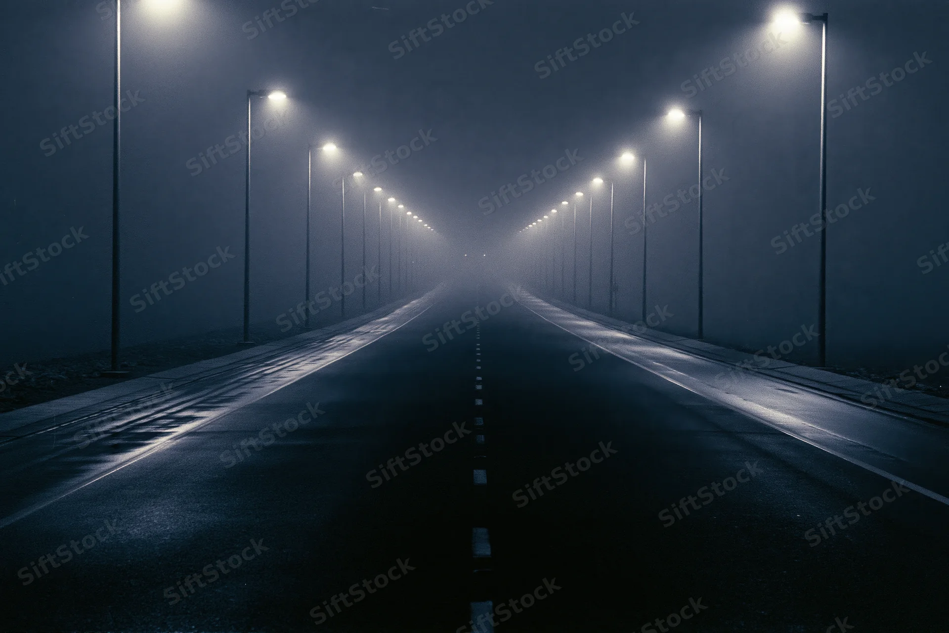 Empty two-lane highway at night stretching into fog under streetlights