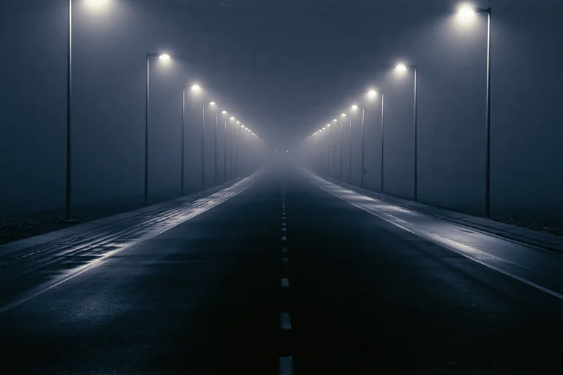 Empty two-lane highway at night stretching into fog under streetlights