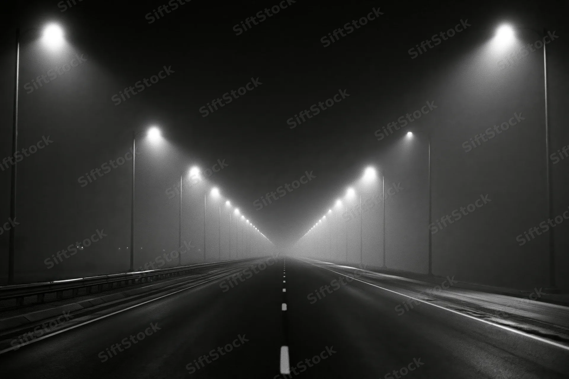 Empty two-lane highway at night stretching into fog under streetlights