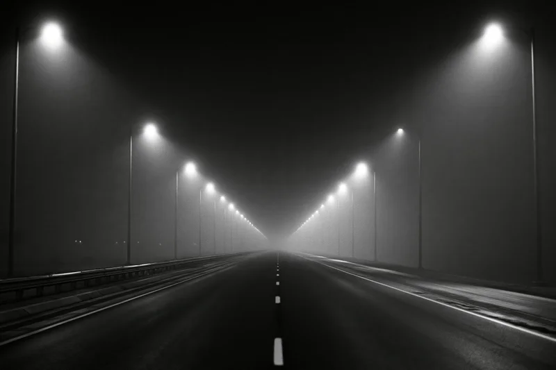 Empty two-lane highway at night stretching into fog under streetlights