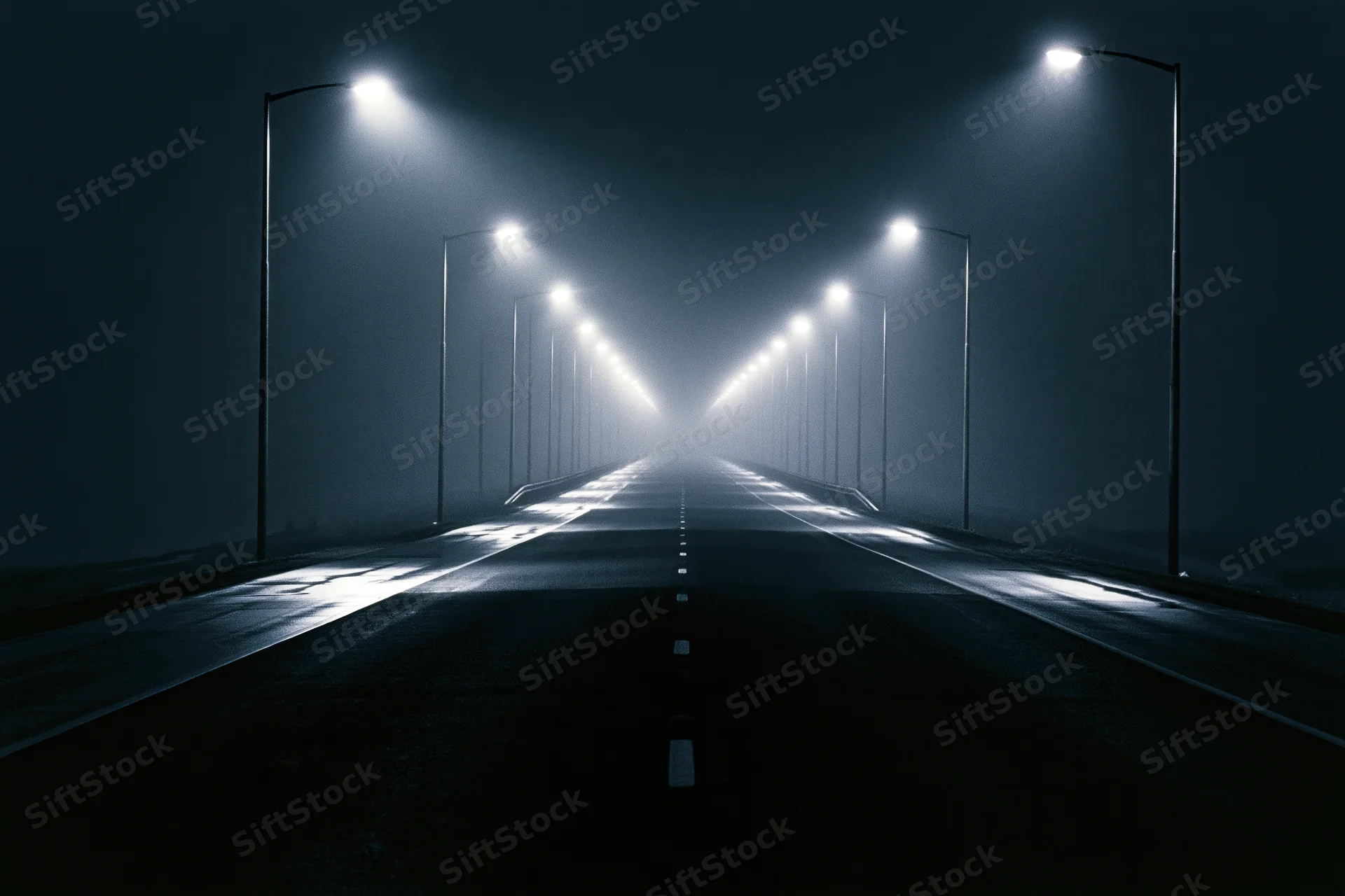 Empty two-lane highway at night illuminated by streetlights receding into fog
