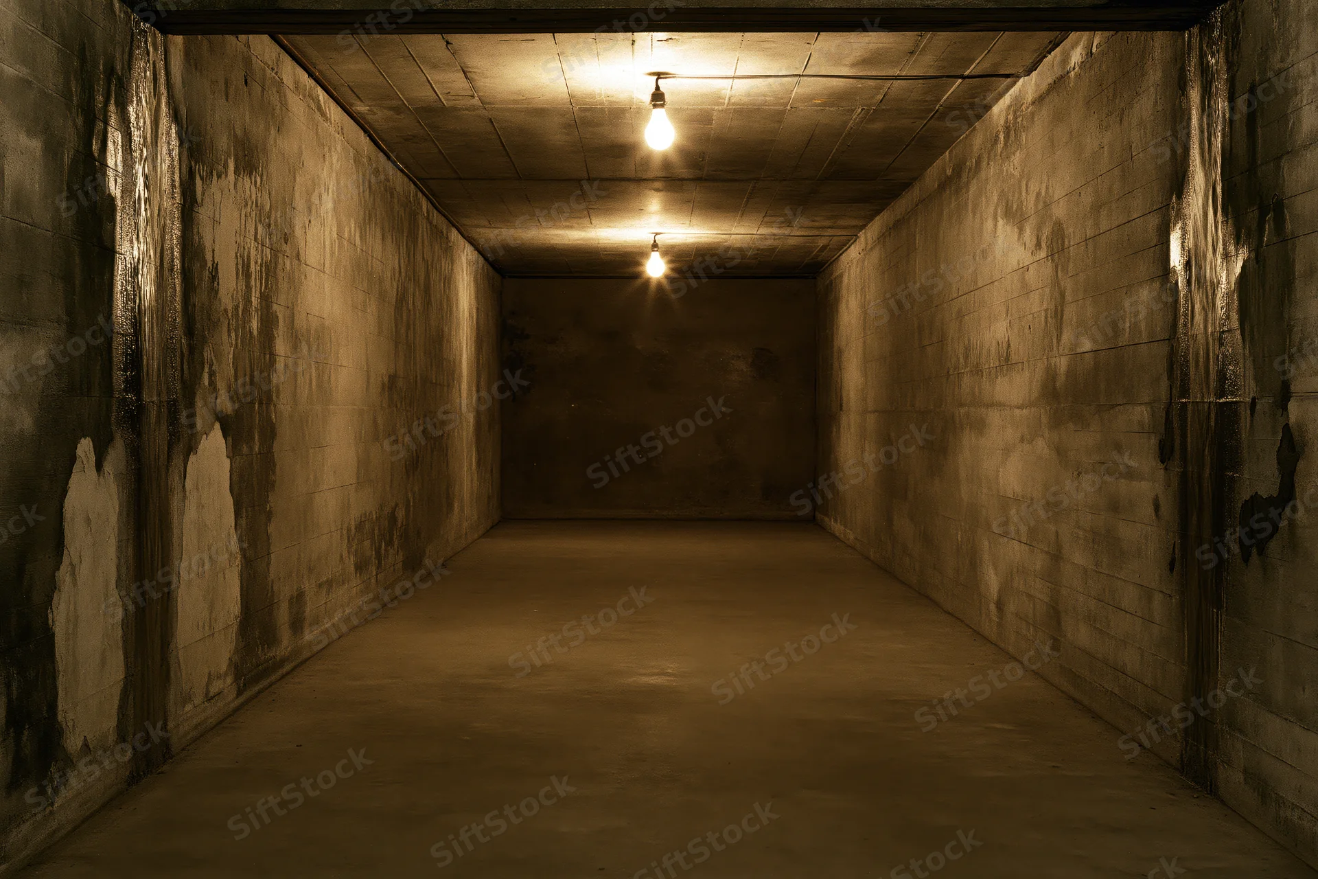 Long concrete corridor lit by overhead bulbs in dim underground space