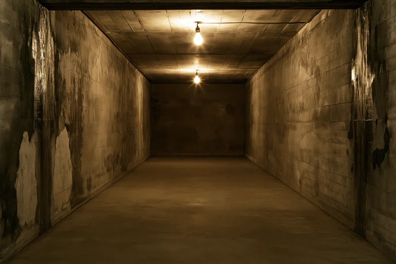 Long concrete corridor lit by overhead bulbs in dim underground space