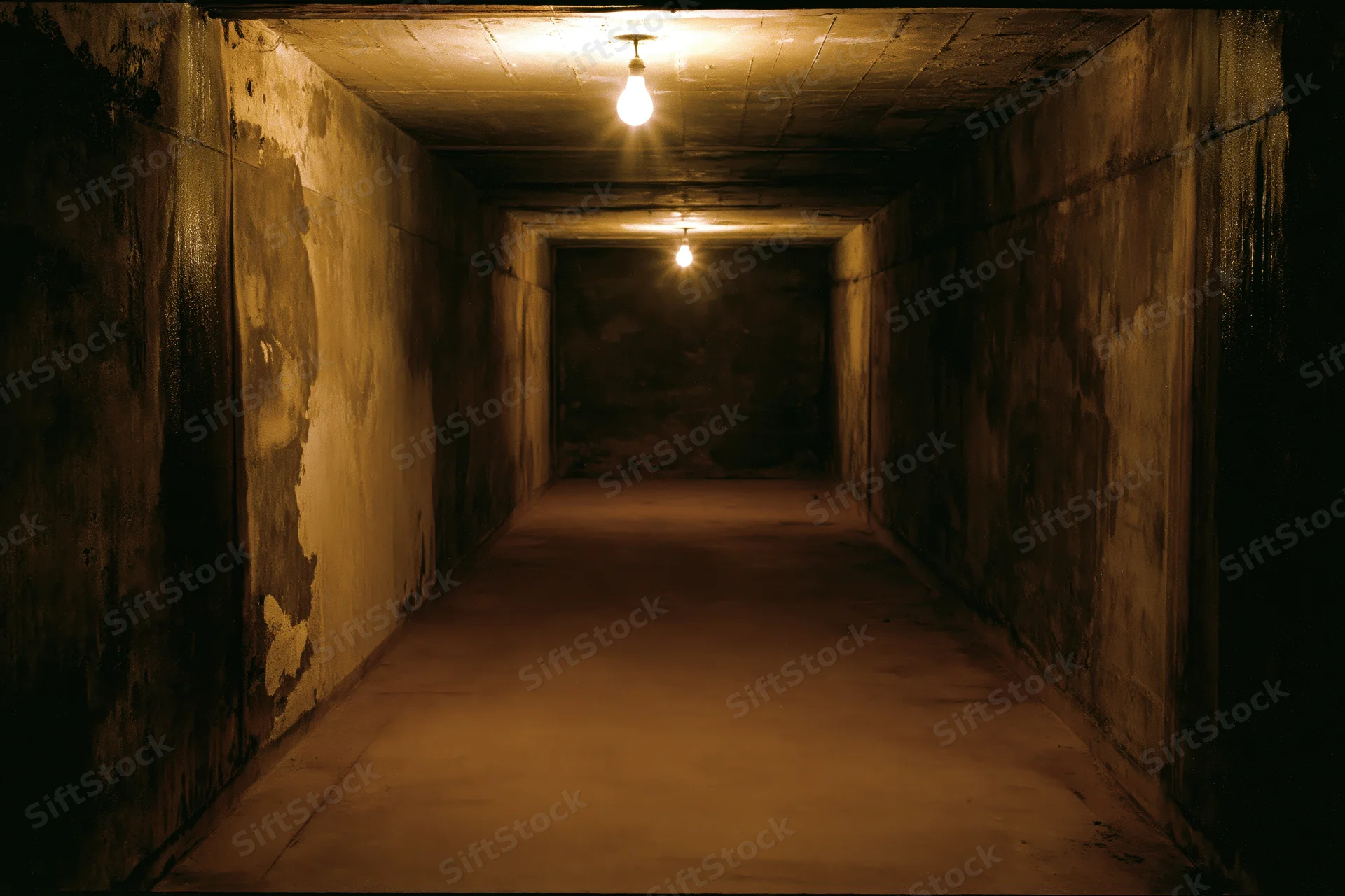 Long concrete corridor stretching into darkness with hanging bulbs overhead