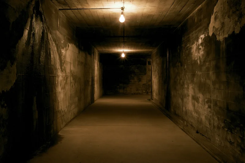 Dimly lit concrete corridor stretching into darkness with hanging bulbs and weathered walls