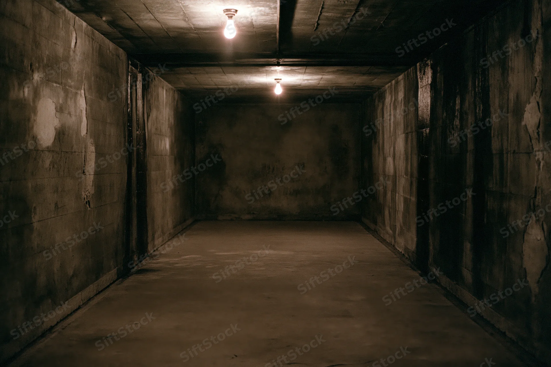 Dimly lit concrete corridor stretching into darkness underground