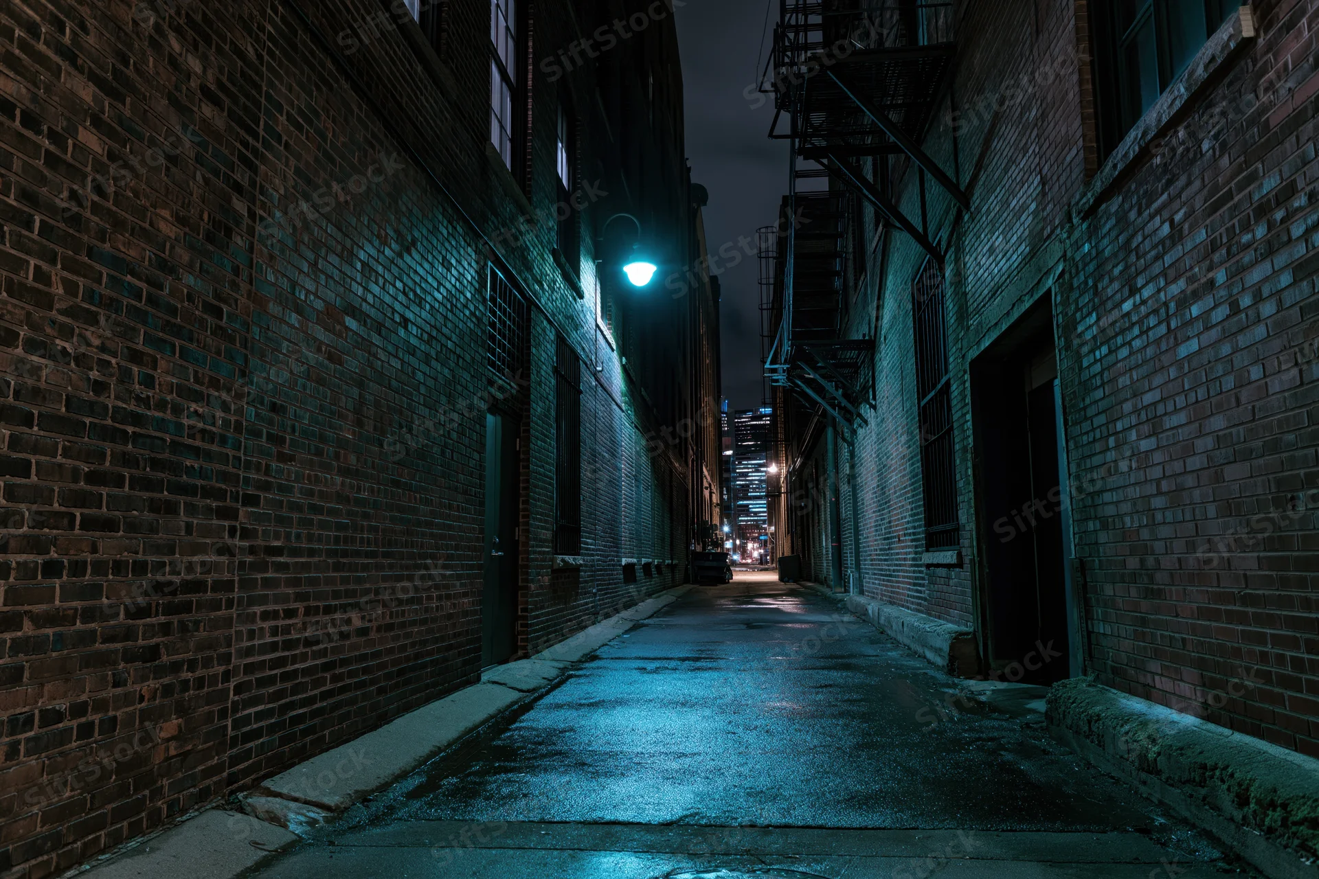 Narrow alley between old brick warehouse buildings at night, lit by a single lamppost casting reflections on wet pavement