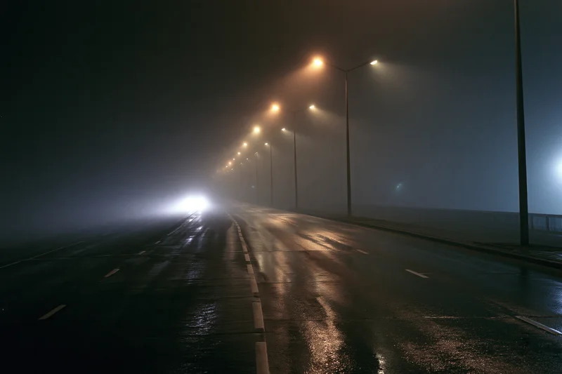 Wet urban road at night stretching into fog with streetlights and approaching headlights
