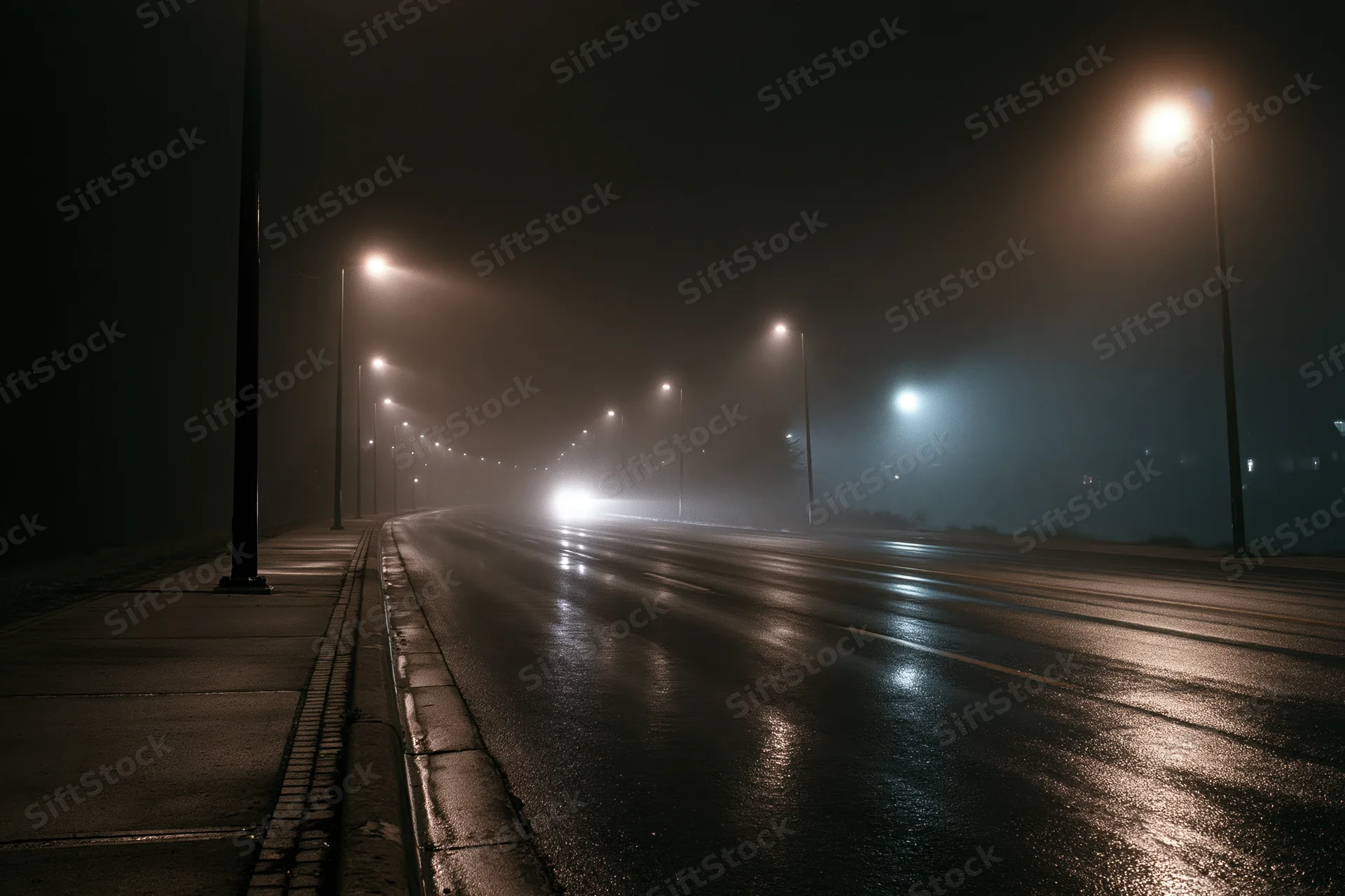 Wet urban road at night stretching into foggy distance with streetlights and vehicle headlights reflecting on pavement