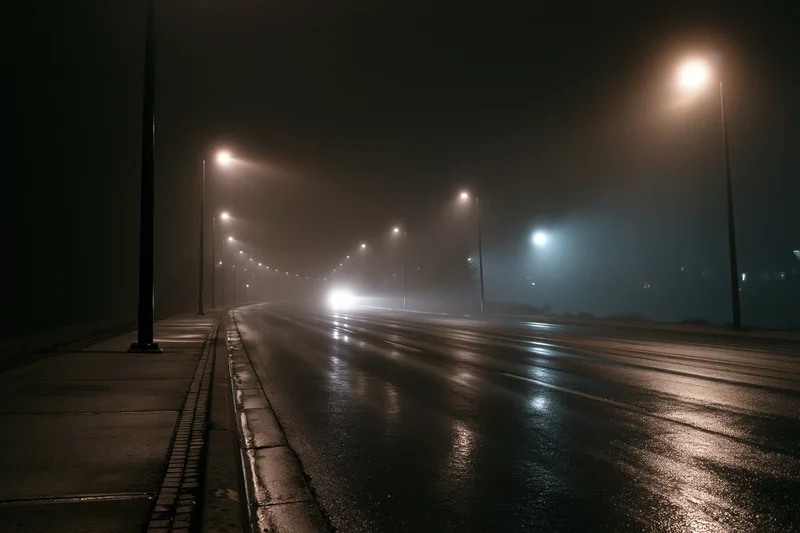 Wet urban road at night stretching into foggy distance with streetlights and vehicle headlights reflecting on pavement