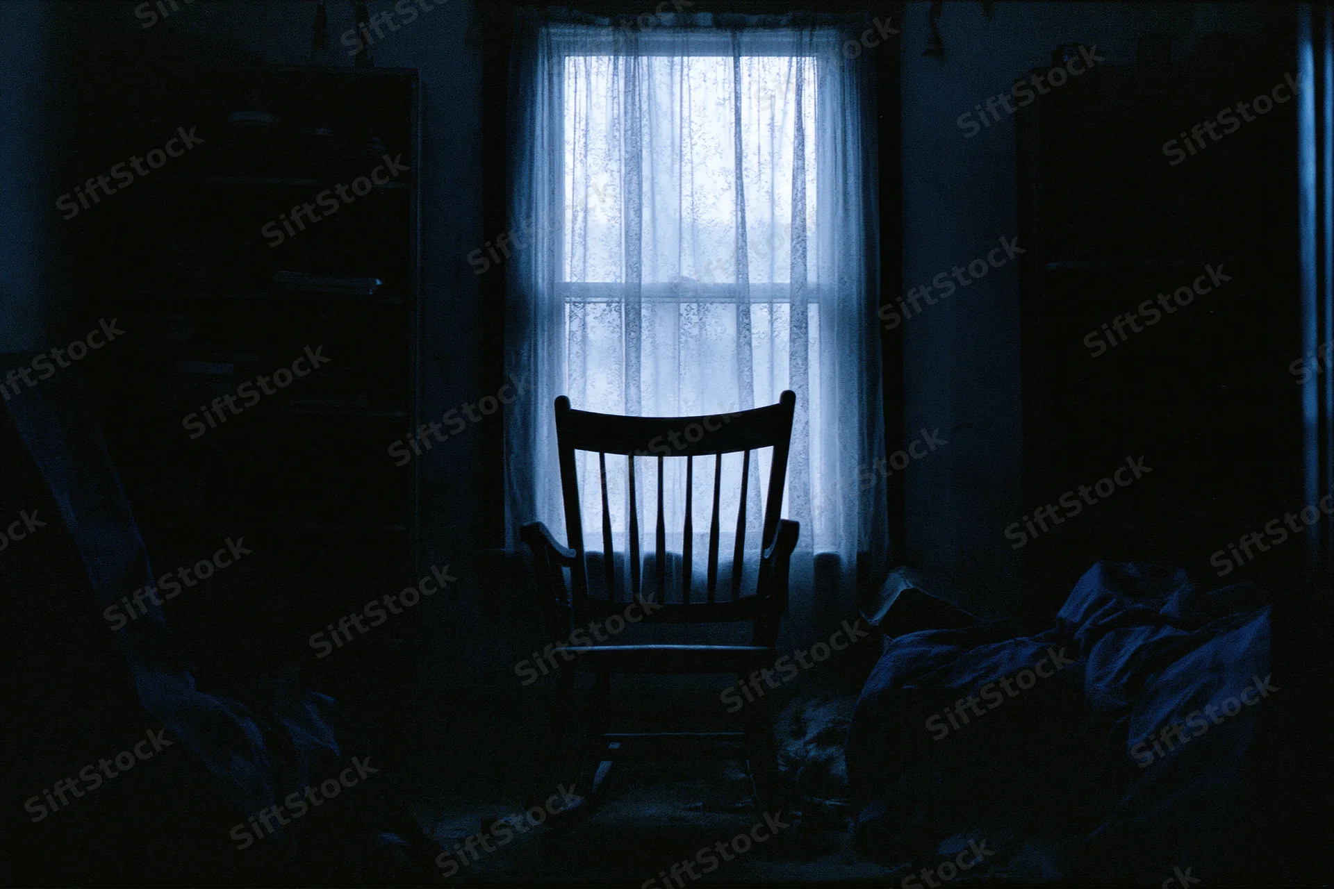 Wooden rocking chair silhouetted in a dark room by a curtained window