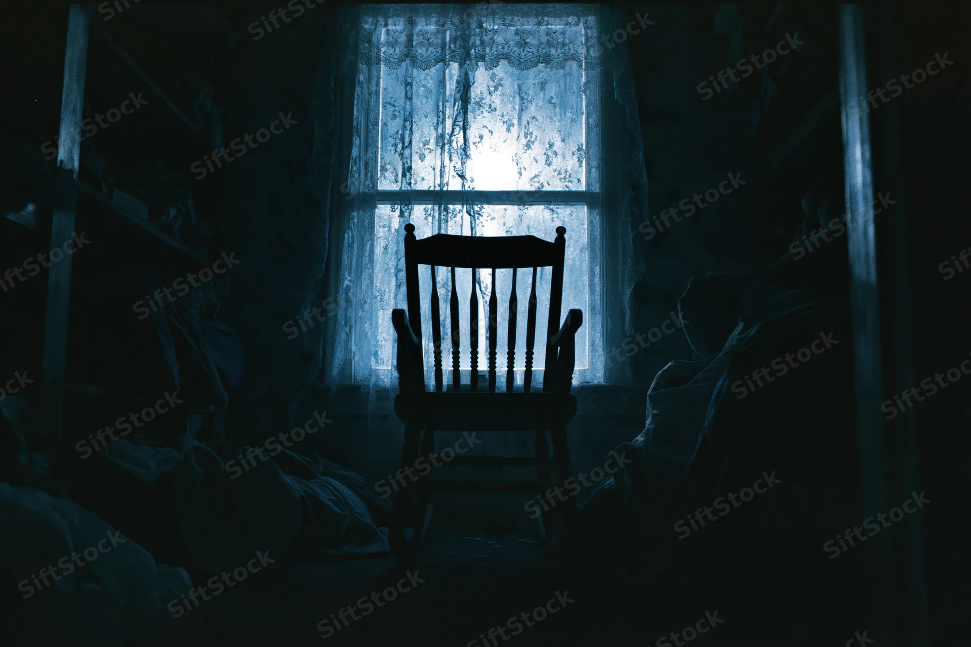 Wooden rocking chair silhouetted in dark room centered before window with lace curtain