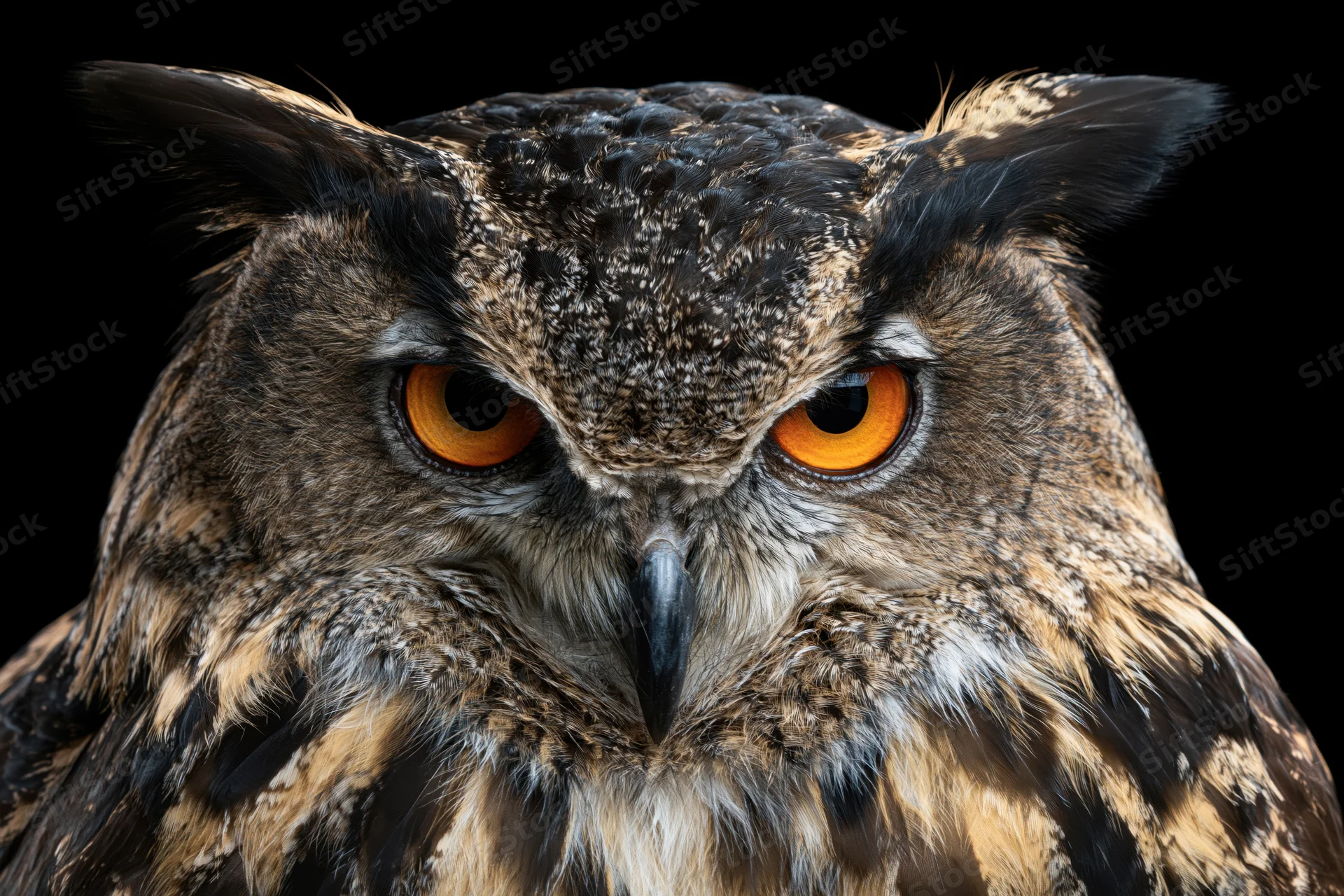 Closeup portrait of an eurasian eagle-owl facing forward with intense amber eyes against a black background