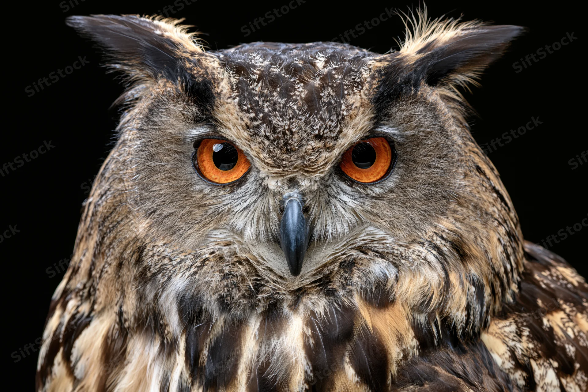 Eurasian eagle-owl facing forward with intense amber eyes against black background