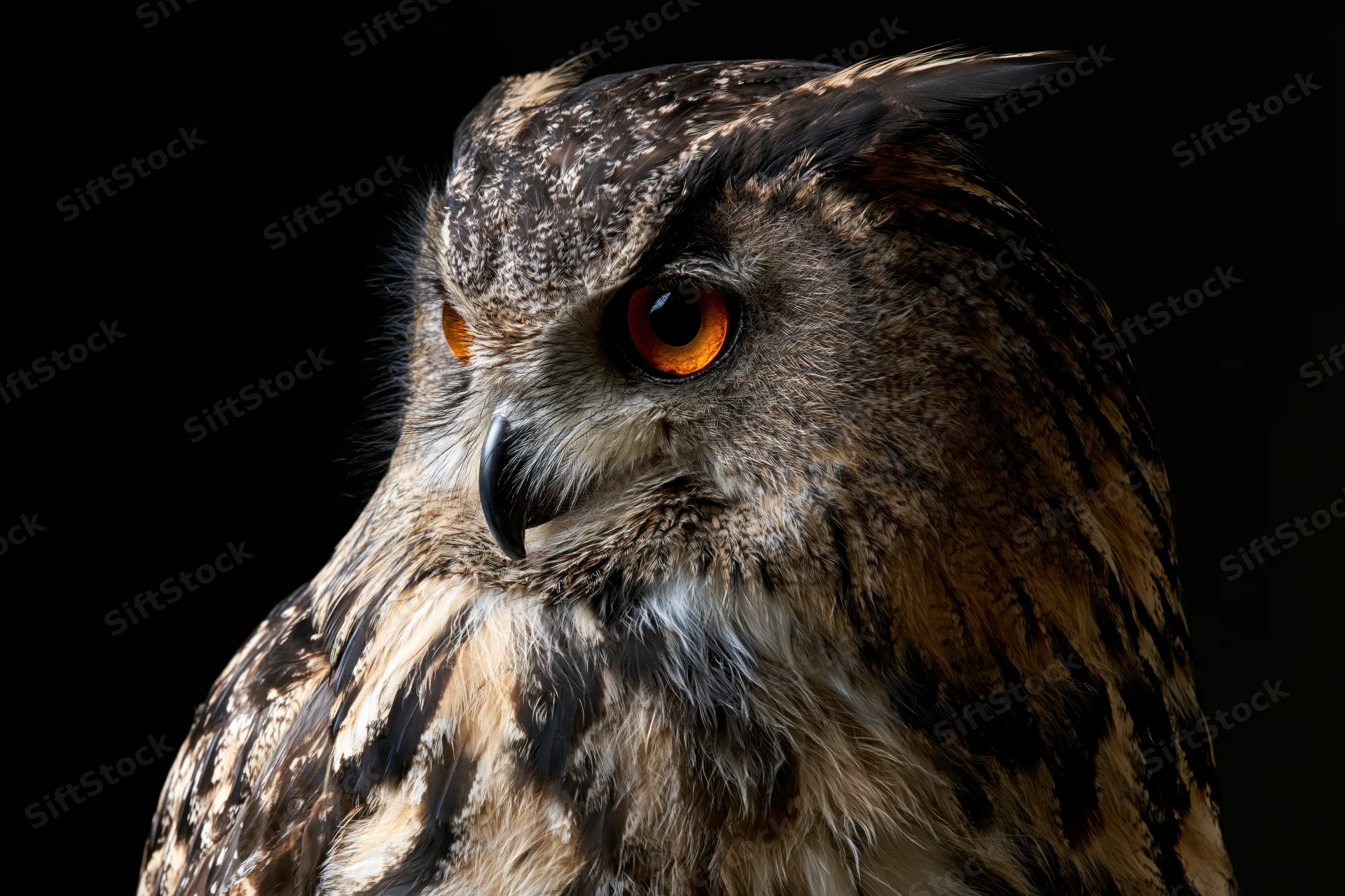 Eurasian eagle-owl in closeup portrait with intense amber-orange eyes against dark background