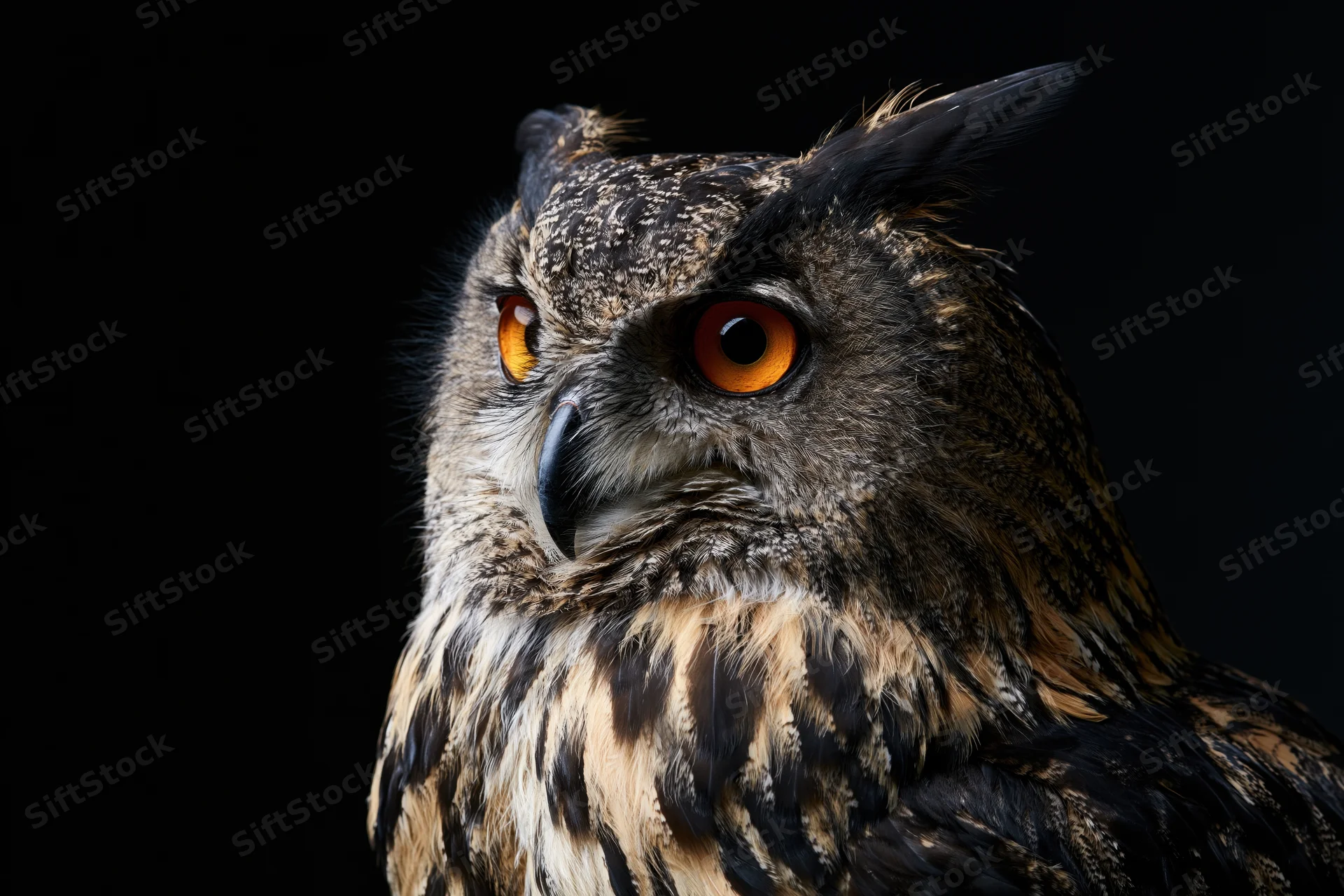 Eurasian eagle-owl in close-up portrait with intense amber-orange eyes against black background