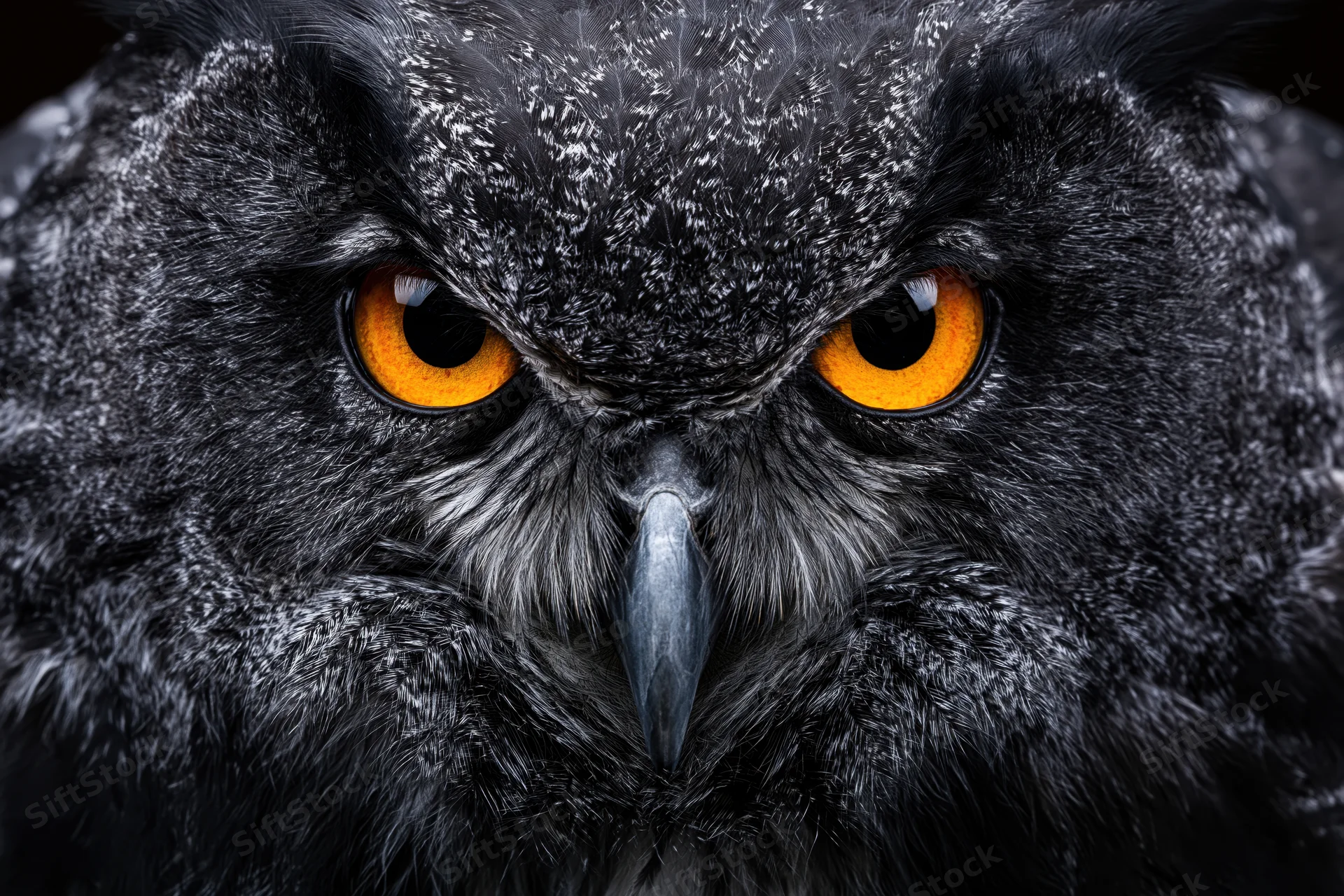 Extreme close-up of a eurasian eagle-owl facing the camera with intense orange eyes and dark feathers
