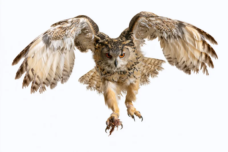Eurasian eagle-owl in mid-flight with wings spread and talons extended against white background