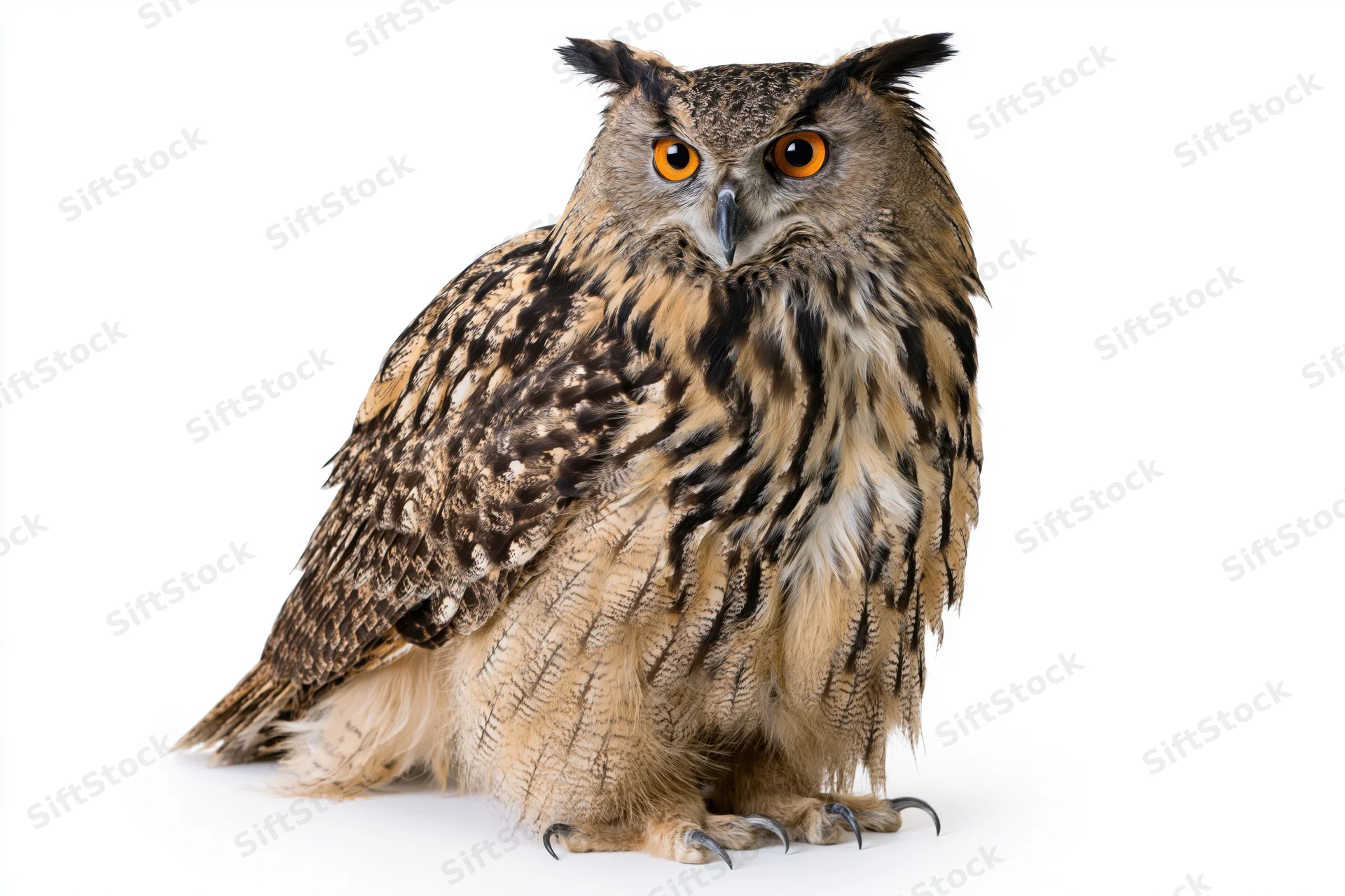 Eurasian eagle-owl perched upright facing forward on white background