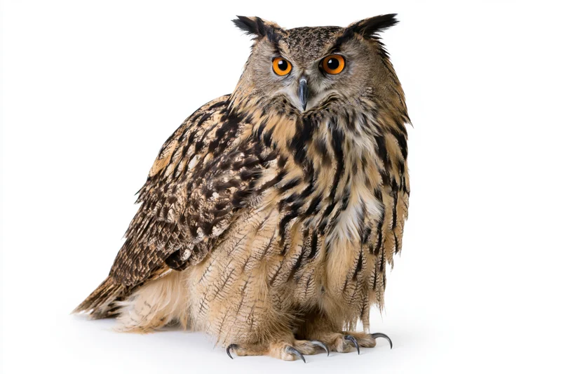Eurasian eagle-owl perched upright facing forward on white background