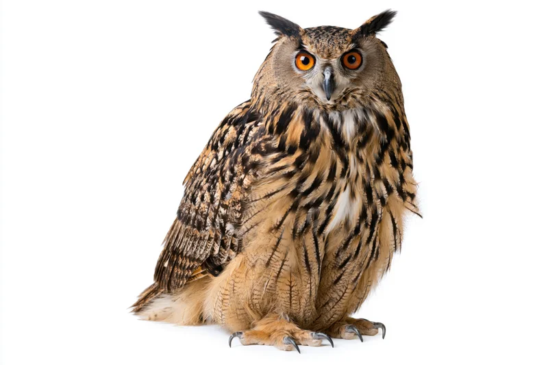 Eurasian eagle-owl perched upright facing forward on white background