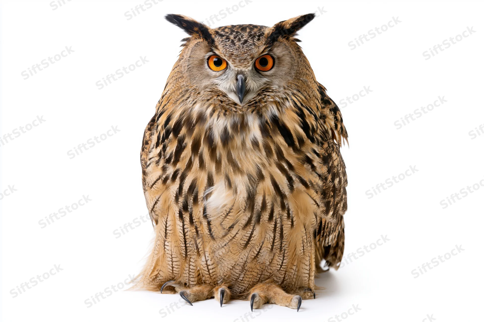 Eurasian eagle-owl perched upright facing forward on white background