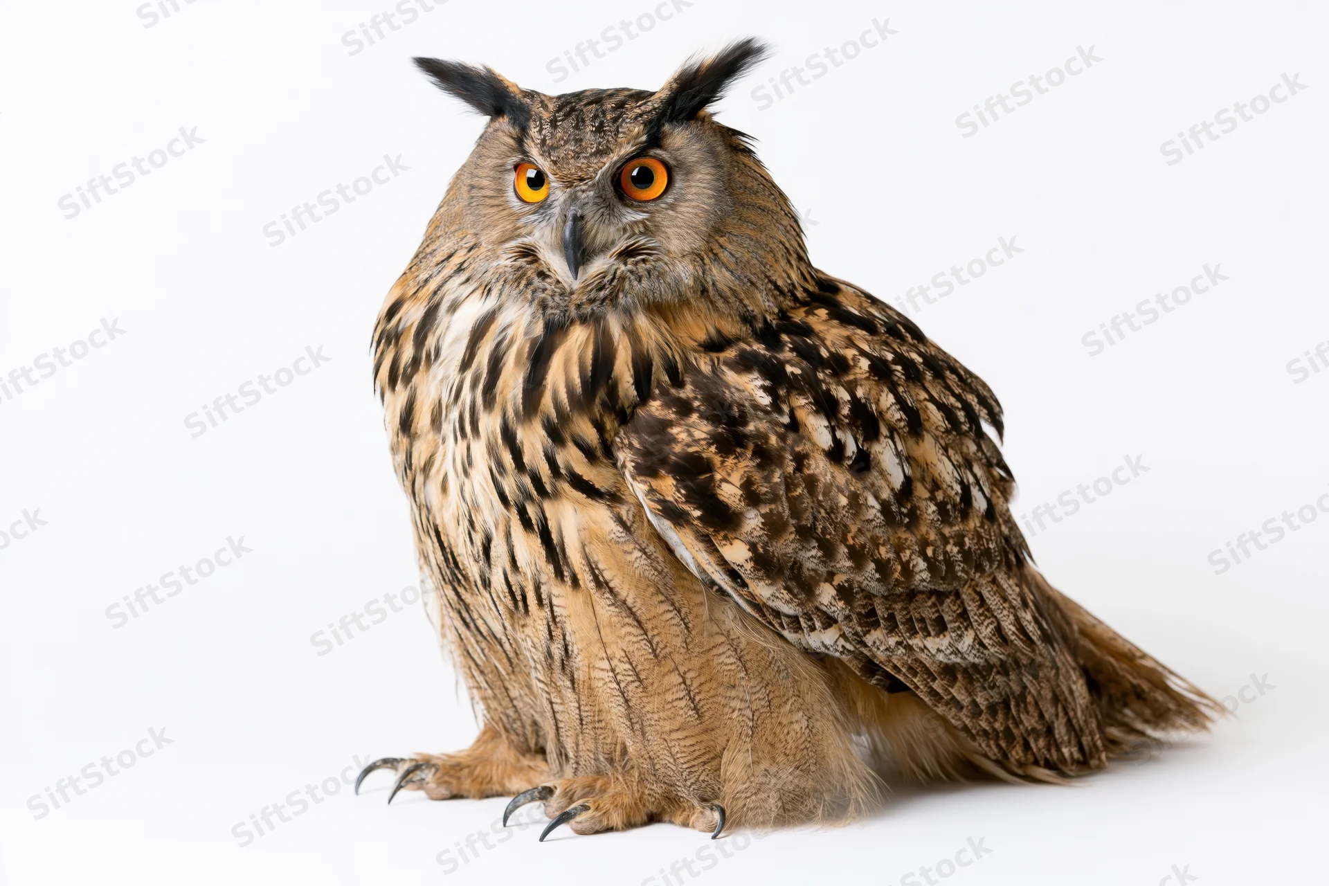Eurasian eagle-owl perched upright facing forward on white background