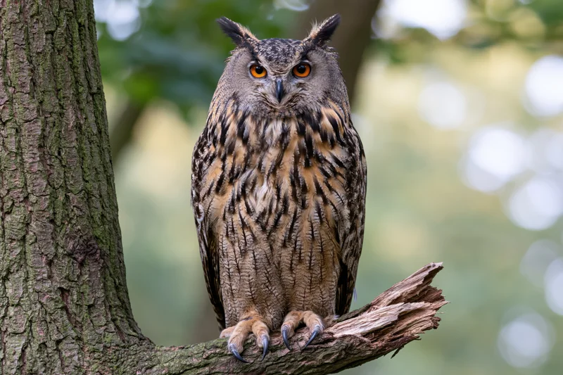 Eurasian eagle-owl perched upright on a broken tree branch in a forest setting