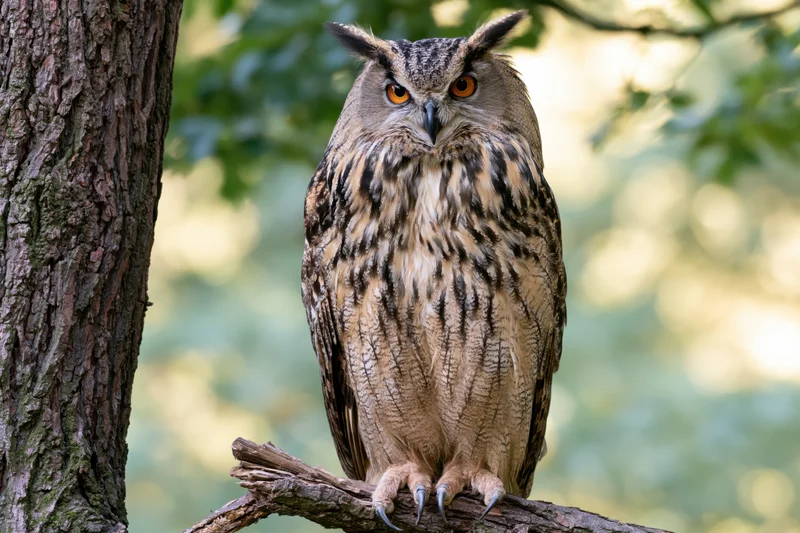 Eurasian eagle-owl perched upright on a broken tree branch in a forest setting