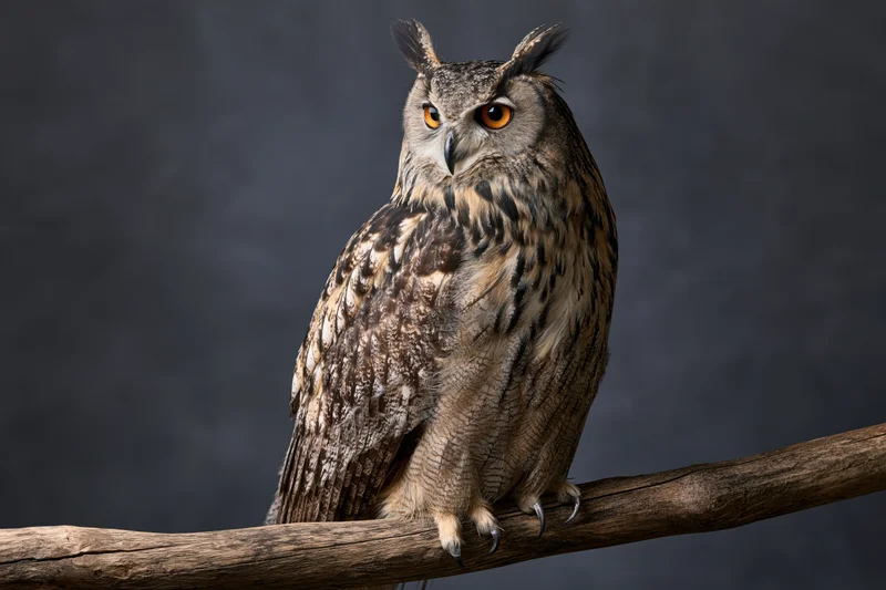 Eurasian eagle-owl perched upright on a thick wooden branch against dark background