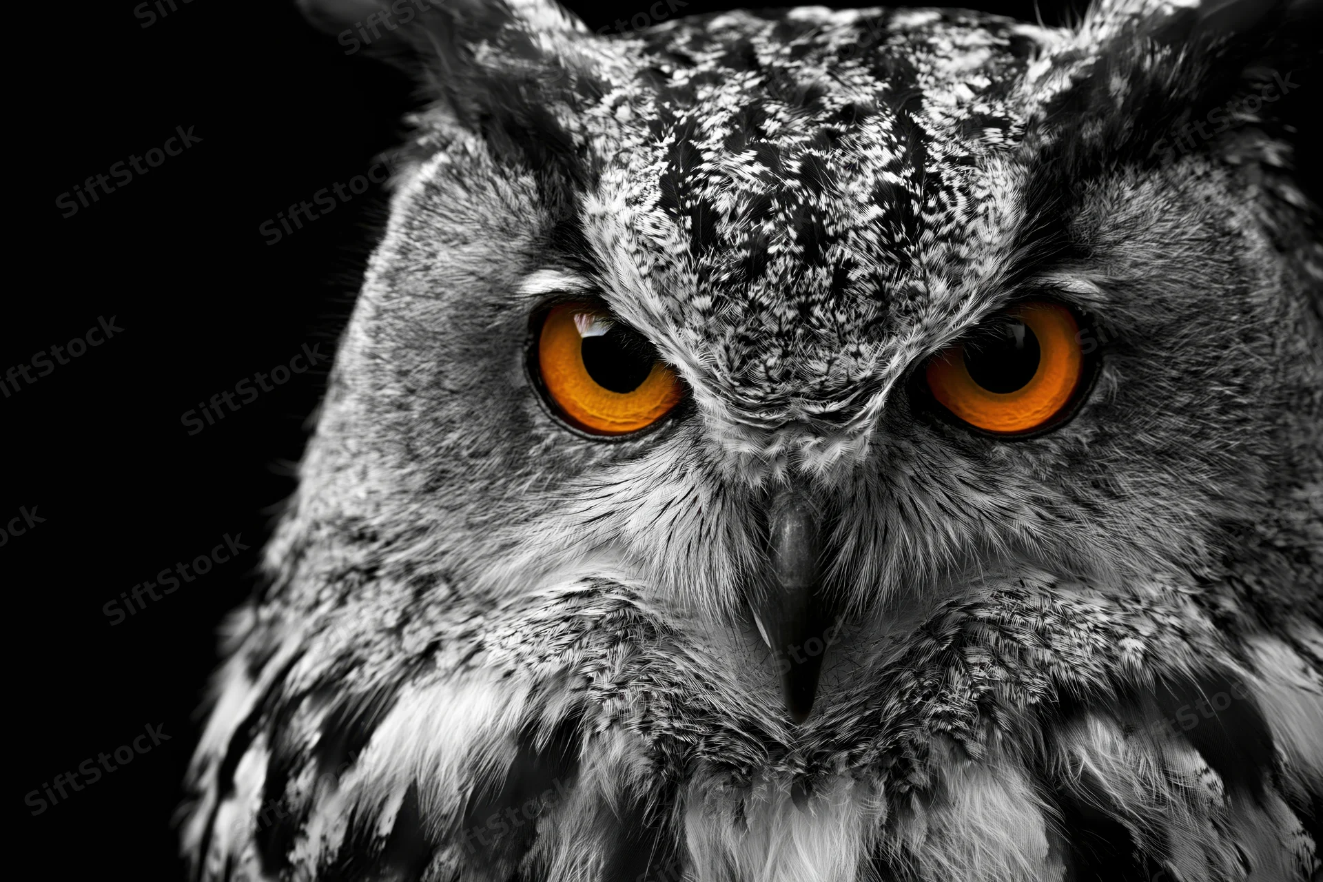 Closeup portrait of a eurasian eagle owl with intense orange eyes against a black background